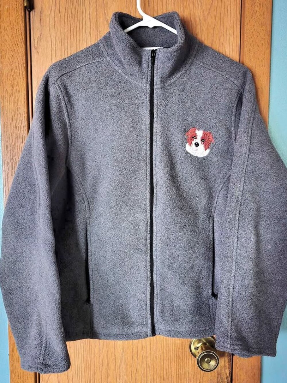 Size L Gray Port Authority Fleece Jacket with Brown & White Dog & Zip Pockets